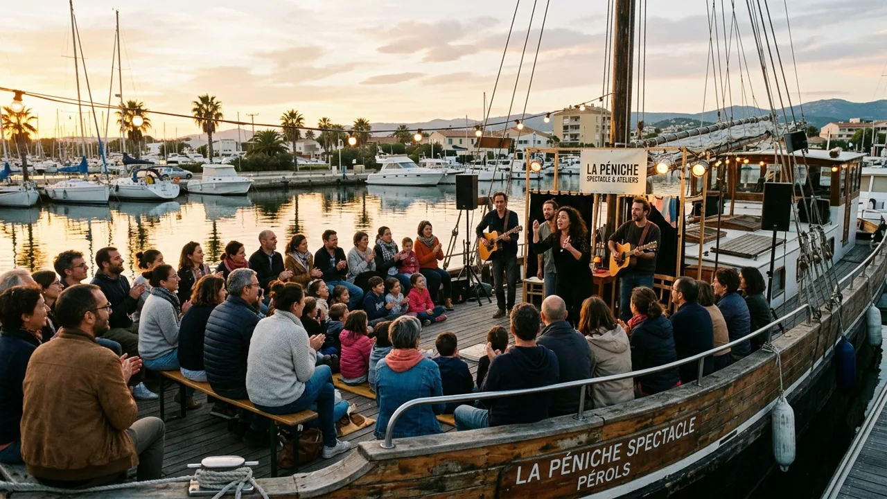 Péniche culturelle AQUA CULTURE amarrée au Port de Pérols pour la saison 2026
